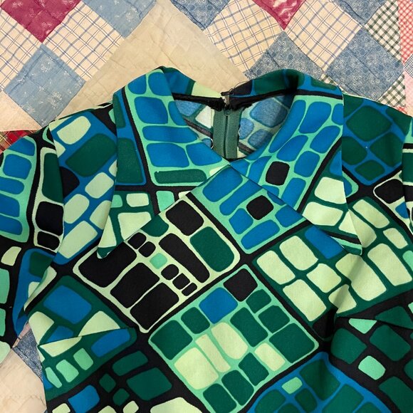 Vintage 60s 70s Fit Flare Mod Dagger Collar Psychedelic Mod Gogo Mini Dress - Picture 13 of 15